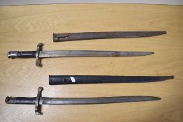 WW1 period Kropatschek bayonets, probably made in Austria for export to Portugal, one having 47cm