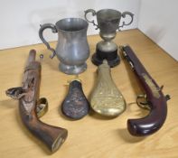 Two replica flintlock pistols, re-enactment/wall display models 38cm and 40 cm overall lengths, sold