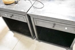 Three Restoration Hardware , gun metal style bedside or similar cabinets, each width approx. 65cm