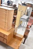 A vintage golden oak wardrobe and dressing table, labelled Meredew