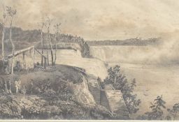 An interesting 19th century pencil drawing 'View of The Schloss Falls' (Rhine, Germany) within a