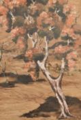 Artist unknown, bark painting showing blossom tree in the foreground, dead tree in the background,