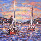 Rennes Van de Riet (Dutch contemporary) vibrant impressionist oil on canvas, Collioure harbour,