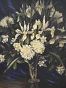 Doris Macdonald (British 20th century) oil on board, still life study 'Flowers with Blue Curtain'