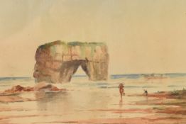 Frederick William Reaveley (British 1870-1950) watercolour depicting a costal scene, with sea arch