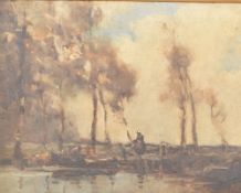 Attributed to William A Gibson (Scottish 1866-1931) oil on canvas, river or pond scene with figures