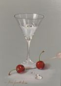 Marisa Maloll (Spanish b.1942) oil on board, still life study, martini glass and cherries, signed to