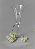 Marisa Maloll (Spanish b.1942) oil on board, still life study, wine glass and grapes, signed to