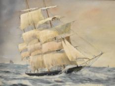 D E Conway, 20th century acrylic on board depicting a sailing ship in stormy waters, signed and