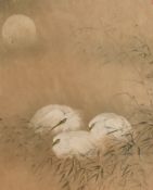 A Chinese school watercolour, egrets amongst bamboo, Chinese characters and seal to upper right