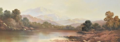 Artist unknown, 20th Century English School oil on canvas, landscape with trees, lake and mountains,