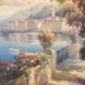After Robert Lombardi (contemporary) 'Portofino light' coloured print, laid down on canvas and