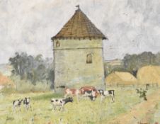 May Wilson (American 1905-1985) oil on canvas, agricultural scene with grazing cattle, signed