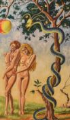 La Mayet (Mexican 20th/21st century) oil on board 'Adam & Eve' under the forbidden tree, signed