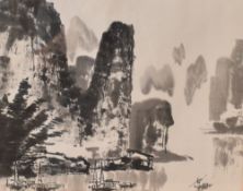 A contemporary Chinese monochrome river scene with boats and text/characters to upper left corner,