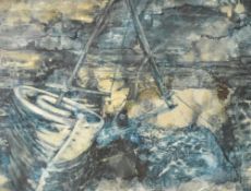 Artist unknown, abstract mixed media composition, unsigned, within a shaped card mount and