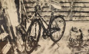 Macdiarmid (20th/21st century) charcoal, shed interior scene with parked bicycle, signed and dated