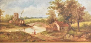 A pair of 19th century oil on canvas rural landscapes, with figures and buildings, each unsigned,