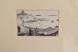 Artist unknown, monochrome print, coastal scene with figures, within a broad card mount and