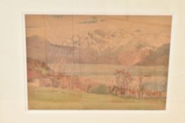 In the manner of Edgar Rowley Smart (British 1887-1934) watercolour, Alpine lake scene, possibly