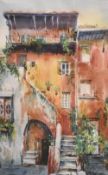 Artist unknown, an attractive 20th century watercolour, Mediterranean buildings, initialled HG lower