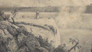 An interesting 19th century pencil drawing 'View of The Schloss Falls (Rhine, Germany) Taken from