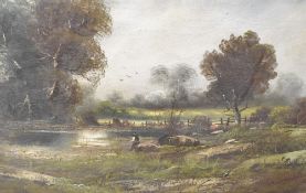 Artist unknown* a 19th/20th century oil on canvas, fishing pond with figure, unsigned, within a