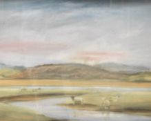 Artist unknown, coloured chalks, pastoral coastal scene with sheep, unsigned, within a slender