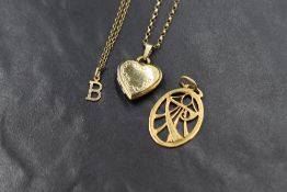 A 9ct gold 'B' initial pendant on a 9ct gold chain, both marked 9KT, along with a 14ct gold plated