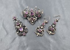 A cased 20th century white metal, enamel and paste set, comprising a brooch, pendant and drop