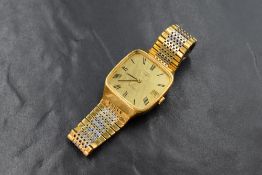 A Longines automatic wristwatch, the square golden dial with Roman numerals and date aperture,