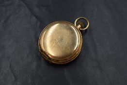 A Thos Russell & Son gold plated top wound full hunter pocket watch, the white dial having Roman