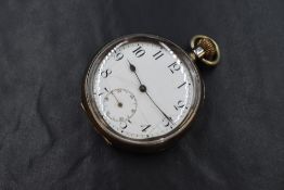 A silver top wound pocket watch having an Arabic numeral dial with subsidiary seconds to a white