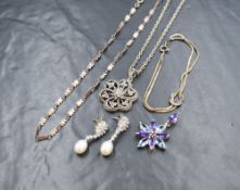 A small selection of silver jewellery including teddy link chain, marcasite pendant & chain, box
