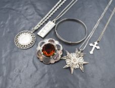 A selection of silver and white metal jewellery including Scottish mixed agate brooch, christening