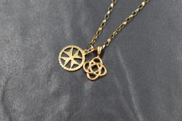 A 9ct gold belcher link chain having two small yellow metal charm pendants, approx 16' and 2.9g