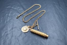 A 9ct gold Albert watch chain, the curb link chain having two dog clips and T-bar, marked 375,