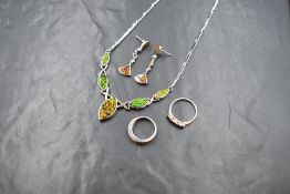 A silver synthetic opal necklace and earring set, in a Celtic design, marked 925, along with two