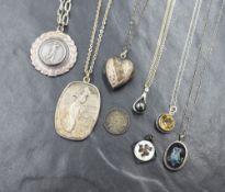 Six silver pendants with chains including Golf interest, heart locket, opal mosaic etc, approx 59g