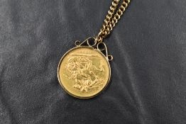 An 1878 gold sovereign, Melbourne mint, in a removable 9ct gold pendant mount on a 9ct gold chain,