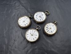 Four small vintage continental silver key wound pocket watches, all having Roman numeral dials nd