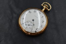 A 14ct gold open face top wound pocket watch, the white dial marked Elgin with Arabic numerals and