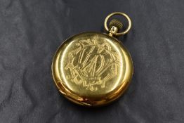 An 18ct gold top wound full hunter pocket watch, engraved 'WBW' to the case, the white dial