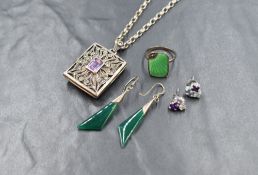 A small selection of silver jewellery including silver and marcisite set open locket on silver
