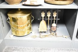 An Arts and Crafts coal bucket with cover, h32cm, sold together with 5 fireside tools and stand