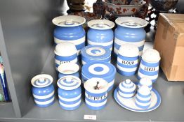 A set of blue and white T.G.Green & Co Cornish kitchen ware, to include sugar and flour shaker