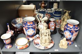 A pair of early 20th century Japanese 'Imari' pattern vases, h26, (damaged) sold together with a