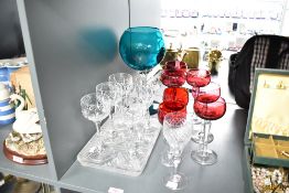 A set of 6 Val St. Lambert cranberry wine glasses, signed to base, h18cm, sold together with a set