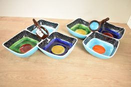 An attractive pair of vintage ceramic sectioned dishes / crudities, hand painted in Italy by