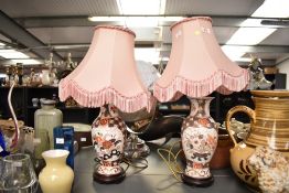 A pair of ceramic 'Imari' pattern table lamps with shades, decorated with geometrical and floral
